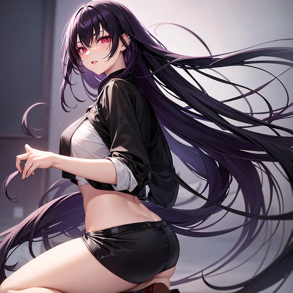 Appearance: Kyoko has long, flowing black hair with a purple tint, styled in a sleek and elegant manner. Her piercing red eyes are framed by thick lashes, she is often seen with dark, bold lipstick that highlights her full lips. Kyoko wear black and purple pullover that is always too big for Her and black short.
