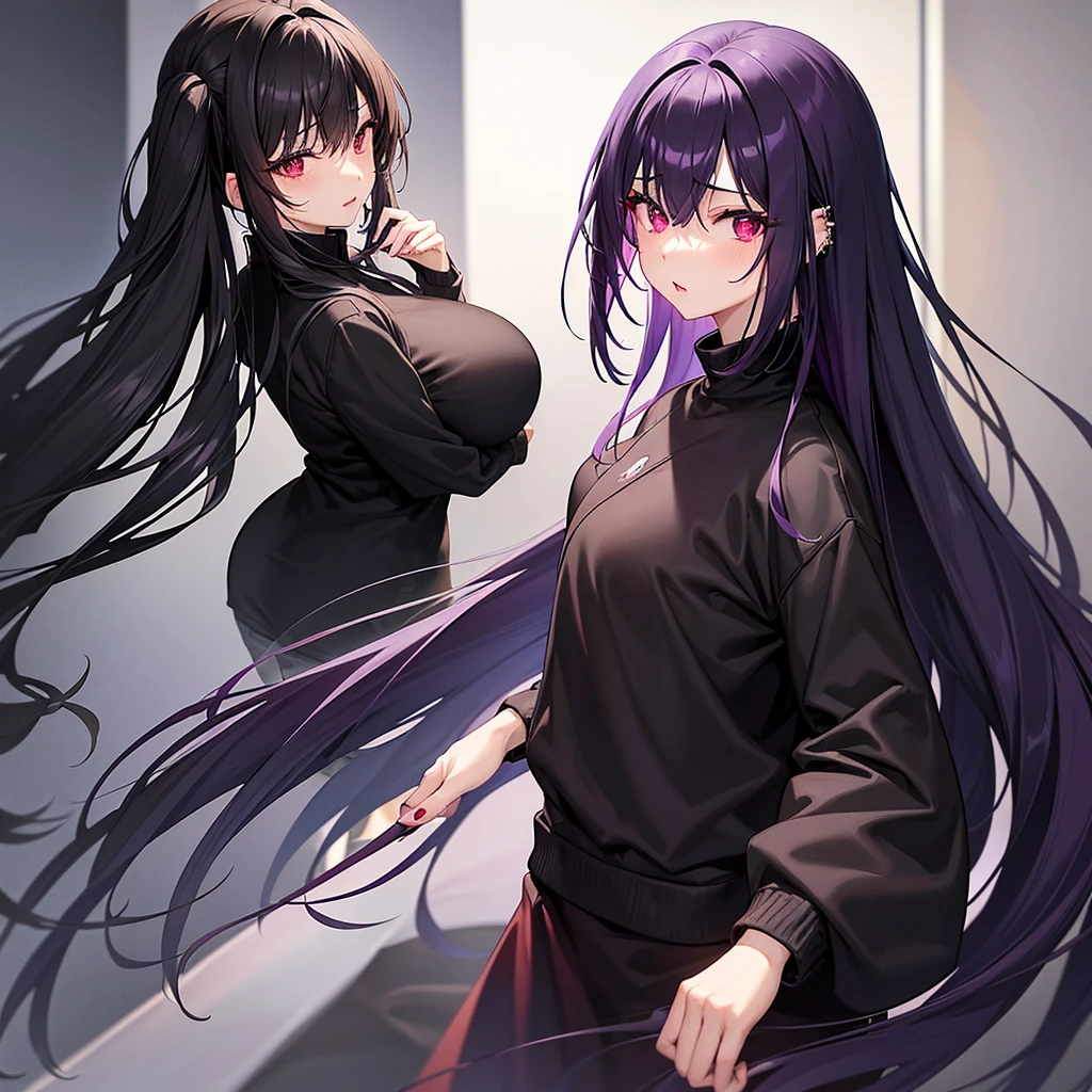 Appearance: Kyoko has long, flowing black hair with a purple tint, styled in a sleek and elegant manner. Her piercing red eyes are framed by thick lashes, she is often seen with dark, bold lipstick that highlights her full lips. Kyoko wear black and purple pullover that is always too big for Her and black short.
