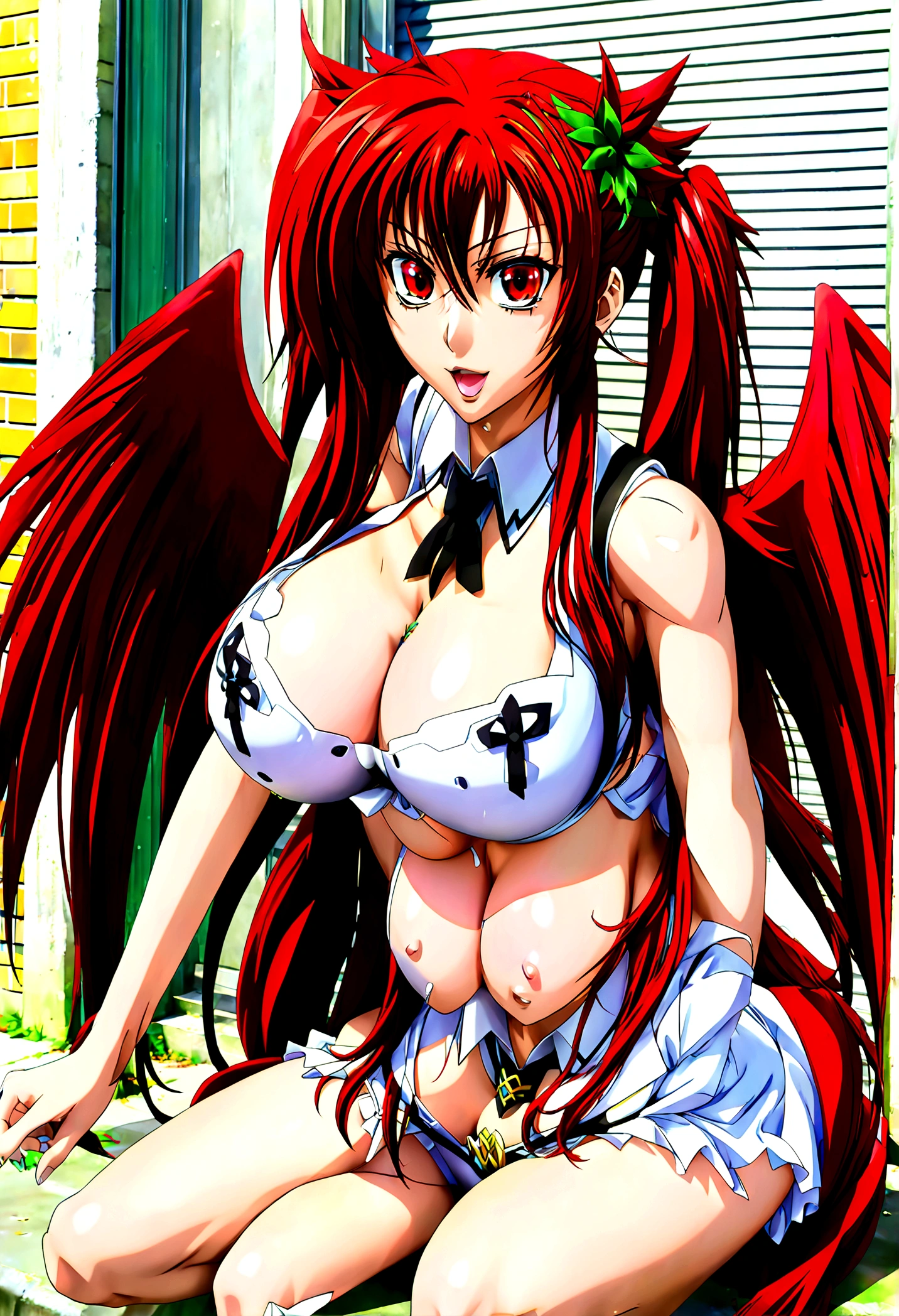 red hair, 8k, (single girl: 1.5), (pigtails hairstyle) (masterpiece), ((ultra quality)), ((detailed eyes)), perfect face, school girl, sexy look, (huge boobs: 1.5), (arms behind head: 1.3), (High School DxD cosplay: 1.5), (Rias Gremory: 1.4), (demon wings, horns), (city street: 1.4), (sit on: 1.4), (spread legs: 1.3), (vagina wide open: 1.3), (pubic hair: 1.2), (people around: 1.3), (white sperm flows out of vagina: 1.2), (ogasm face: 1.3)