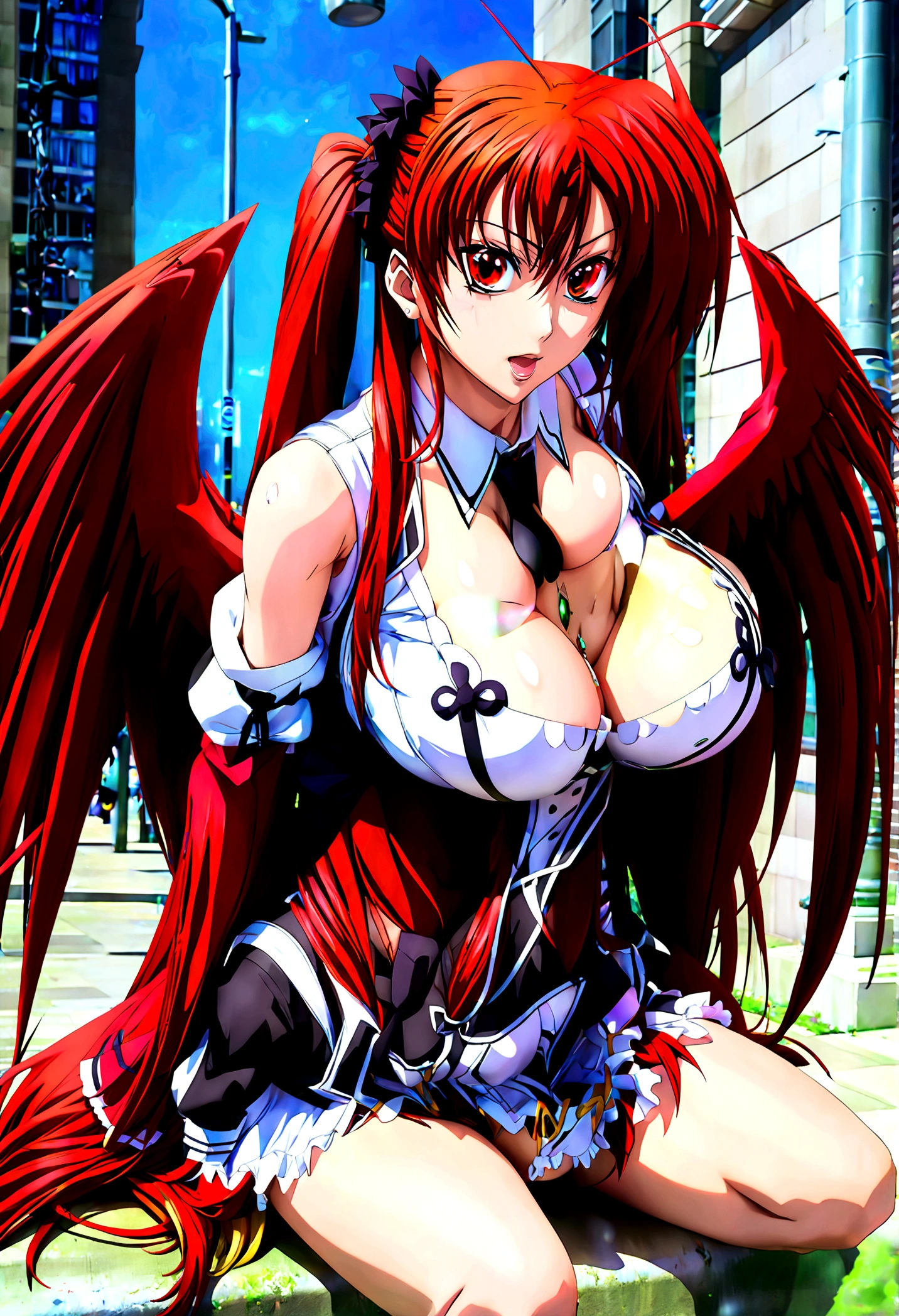 red hair, 8k, (single girl: 1.5), (pigtails hairstyle) (masterpiece), ((ultra quality)), ((detailed eyes)), perfect face, school girl, sexy look, (huge boobs: 1.5), (arms behind head: 1.3), (High School DxD cosplay: 1.5), (Rias Gremory: 1.4), (demon wings, horns), (city street: 1.4), (sit on: 1.4), (spread legs: 1.3), (vagina wide open: 1.3), (pubic hair: 1.2), (people around: 1.3), (white sperm flows out of vagina: 1.2), (ogasm face: 1.3)
