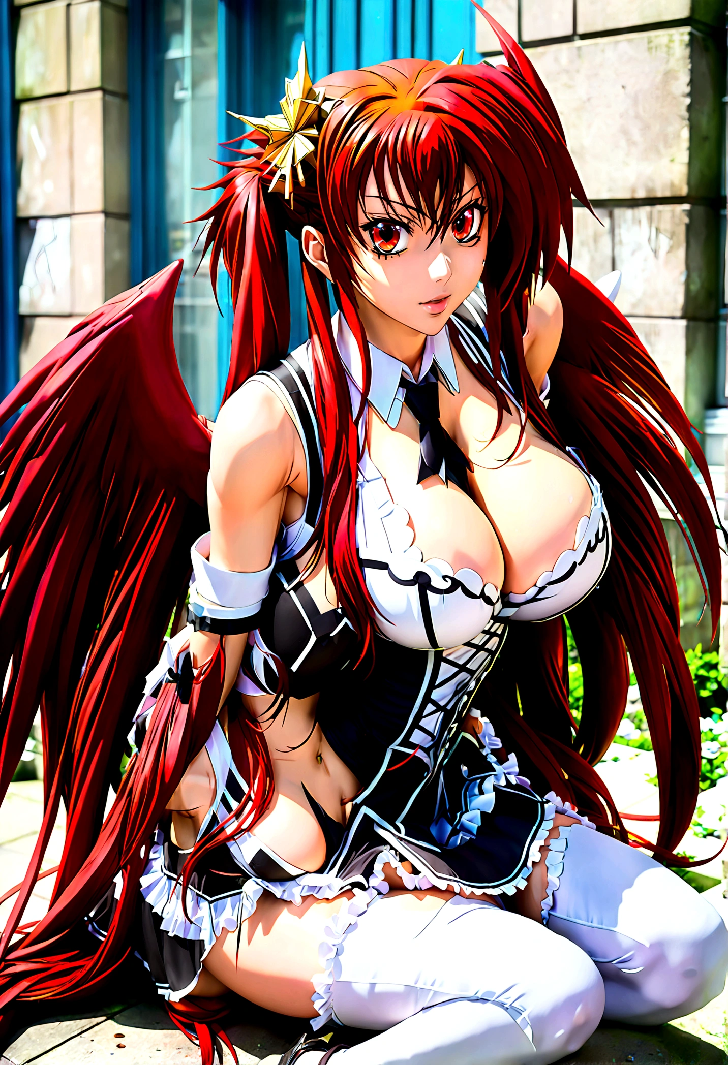 red hair, 8k, (single girl: 1.5), (pigtails hairstyle) (masterpiece), ((ultra quality)), ((detailed eyes)), perfect face, school girl, sexy look, (huge boobs: 1.5), (arms behind head: 1.3), (High School DxD cosplay: 1.5), (Rias Gremory: 1.4), (demon wings, horns), (city street: 1.4), (sit on: 1.4), (spread legs: 1.3), (vagina wide open: 1.3), (pubic hair: 1.2), (people around: 1.3), (white sperm flows out of vagina: 1.2), (ogasm face: 1.3)