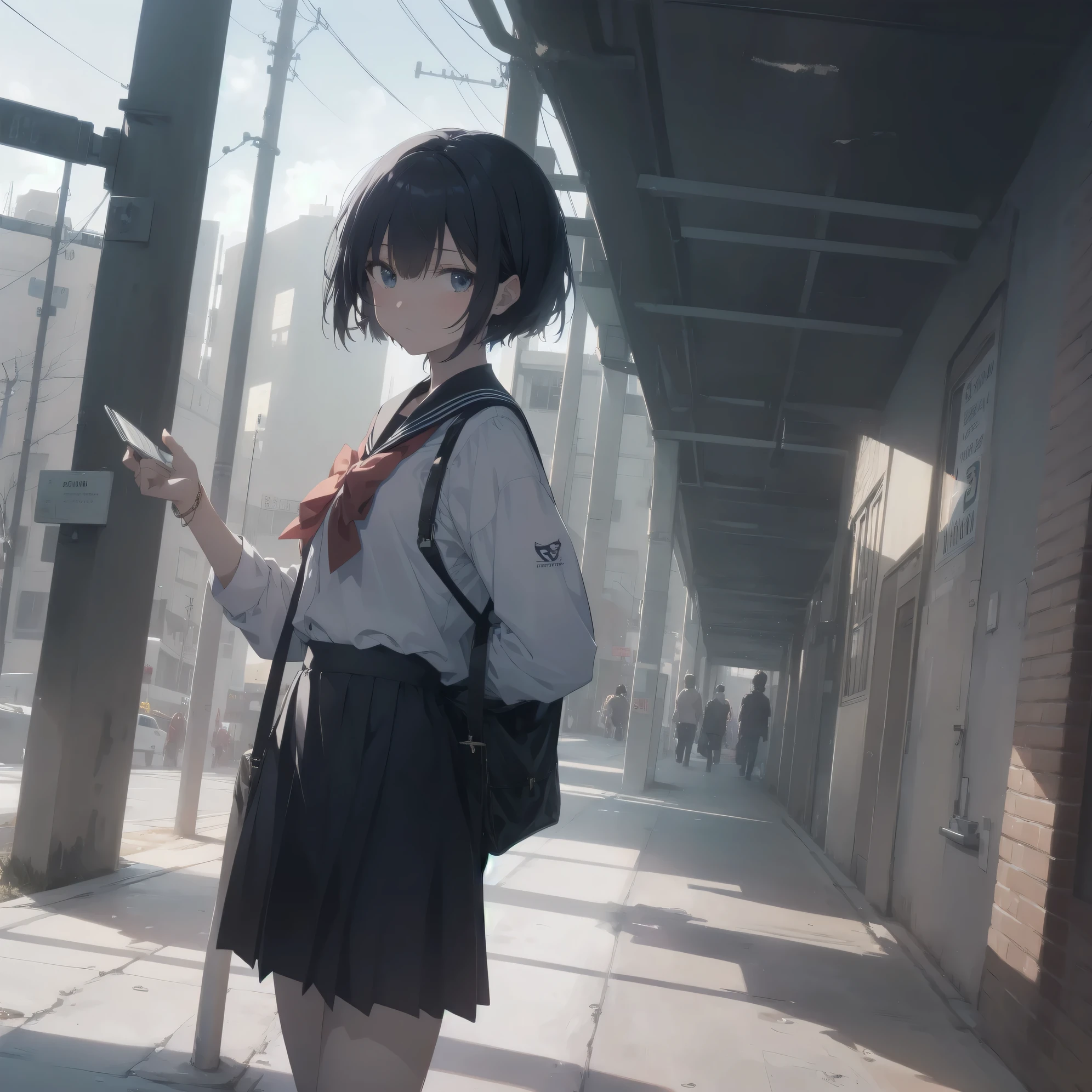 ultra-absurdres-Top quality by artist God, ultra-detailed, high resolution, anime moe artstyle, best anime 8k konachan wallpaper, pixiv contest winner, pool:2810, perfect anatomy,break, 1girl, (Please draw a girl walking sleepily to school alone. )break,(Solo,little female, 13-year-old:1.3),Full limbs, complete fingers,a junior high school student, (very short hair), short cut, flat chest, , small butt, small black eyes, beautiful detailed eyes, well-proportioned iris and pupils, expressive eyes, highres detailed hair, soft expression, salor school_uniform, sailor collar, serahuku, bow, pleated skirt,(Detailed Lighting), (Detailed background), in the School commute route. break,super detailed skin, Best cinematic lighting powered by famous artist, 8k,beauty illustration,photoshop_(medium),very aesthetic,break,((artist:saiguchi_otoufu )), artist:clamp ,artist:carnelian ,artist:kantoku ,