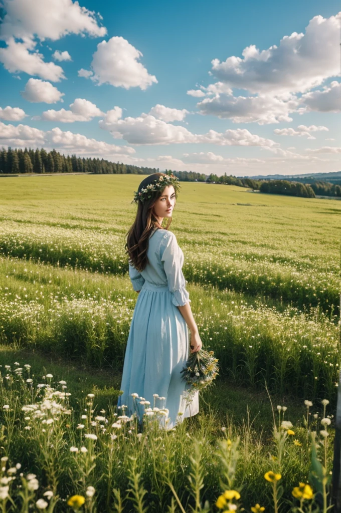 Young woman in a flowering field, The weather is clear, on the head there is a wreath of meadow herbs