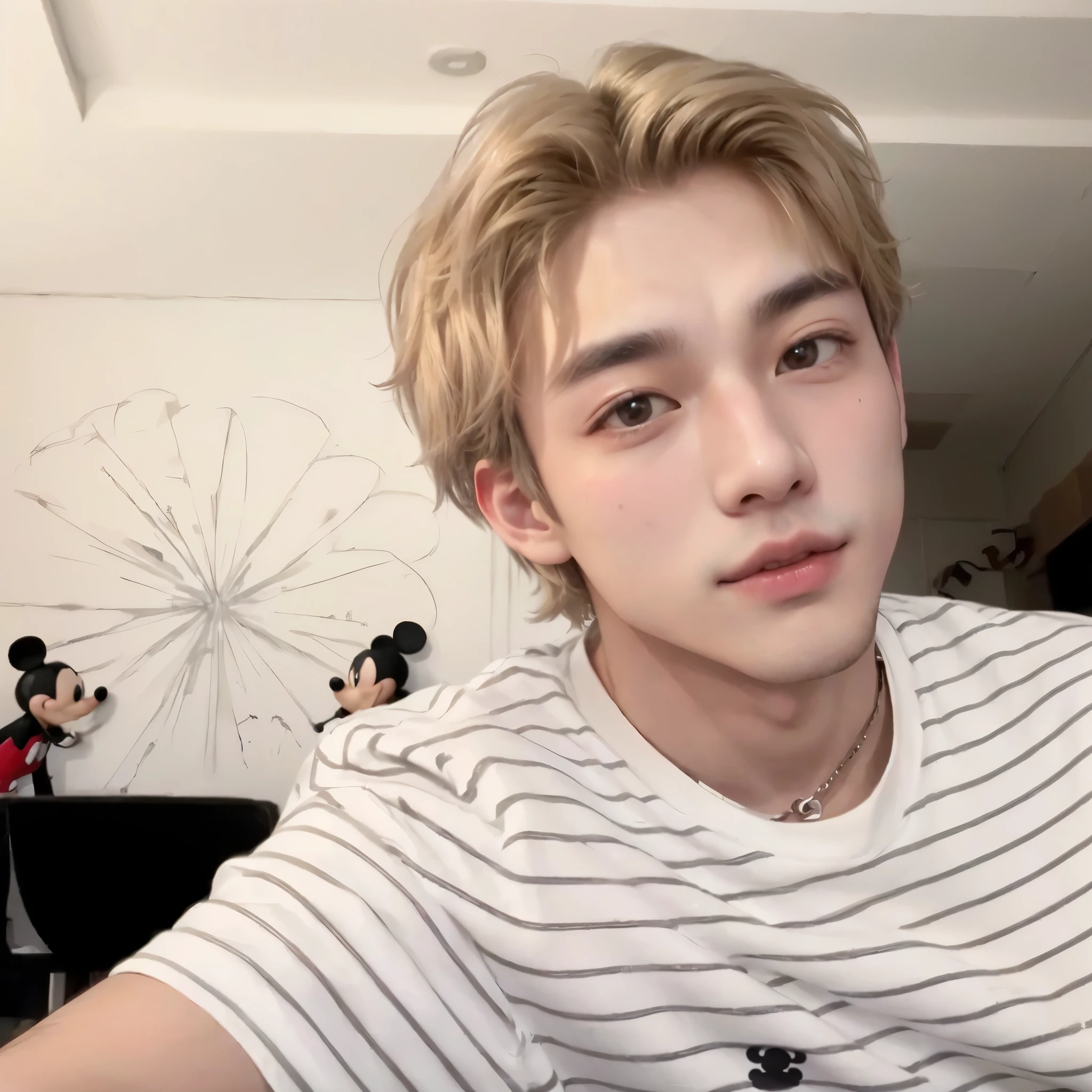 sharp man with a white shirt and a Mickey Mouse wall behind him, Taehyung eating Gucci fries, cai xukun, adorable and pale korean face, hyung tae, ruan father vtuber, xqc, all from the group nct, Tommy 1 6 years, his hair is messy and disheveled, Jungkook, Retrato de Jossi do Blackpink