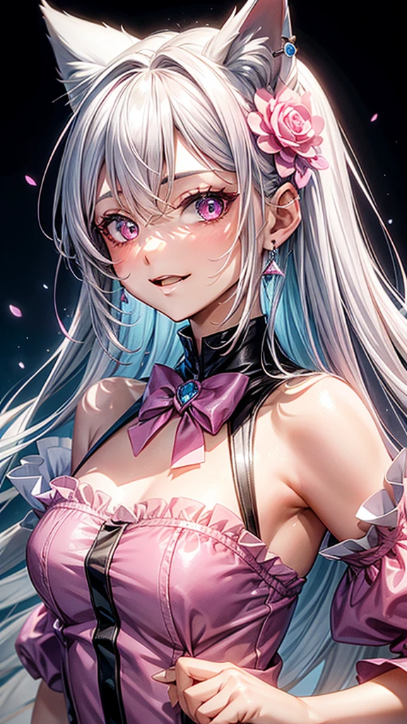 Silver hair, pink eyes, body, cat ears, sexy girl, earrings, flower sky background,pink blue uniform, hair bows, happy face