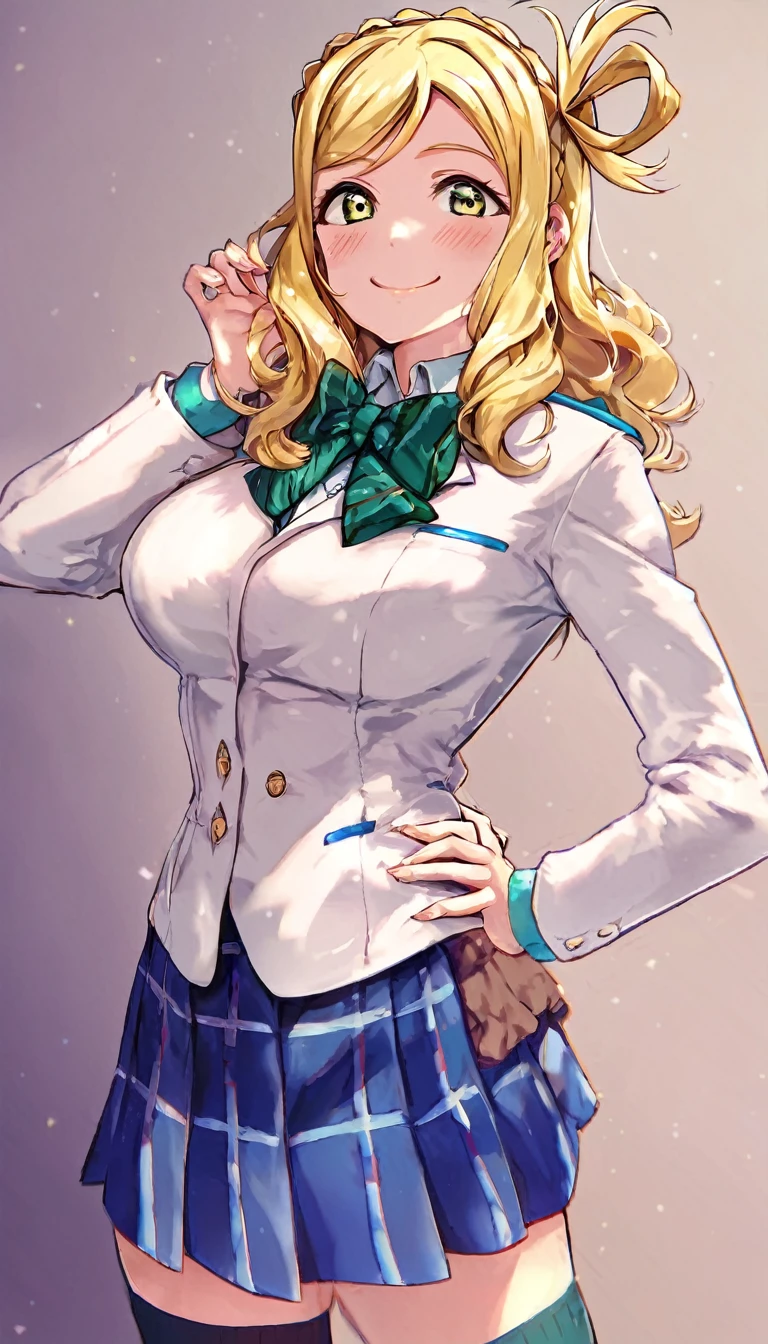 ohara mari, love live! sunshine!, blonde hair, blue eyes, wavy hair, hair band, large breasts , skirt, , otonokizaka , jacket,green bow tie, closed mouth, blazer, looking at viewer, pleated skirt, bowtie, smile, winter uniform, striped bow, blue skirt, striped, blush, plaid skirt, striped bowtie, standing,put hands on hip,cowboy shot, green bow, long sleeves, miniskirt, :d, kneehighs, socks, BREAK score_9, score_8_up, score_7_up, score_6_up, source_anime