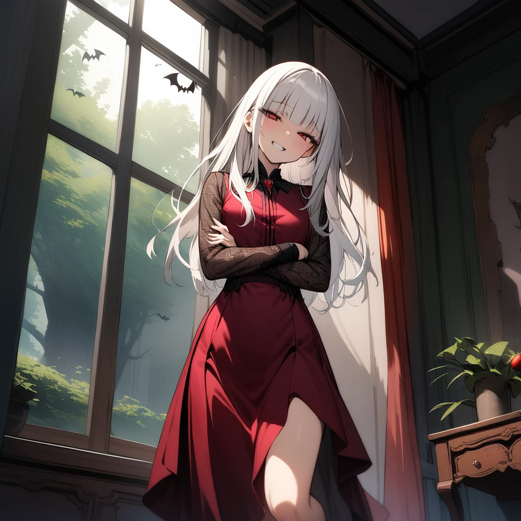 (masterpiece),(best quality),very aesthetic,(ultra-detailed),(illustration),(degenerate),very aesthetic,1girl,16yo,slender,long hair,white hair,straight hair,disheveled hair,(blunt bangs),red alluring eyes,sleepy,half closed eyes,condescending look,open mouth,grin,An elegant and sophisticated outfit perfect for a party, featuring a dark red long dress with lace accents sleeves,ecstasy,happy,inroom,standing,standing on one leg,head tilt,crossed arms,daytime,Lascivious atmosphere,fantastic atmosphere,Sunlight shining through the window,forest landscape,curtains flutter in the wind,Toxic green colored lace thong,Old furnishings,dusty room,cowboy shot,looking at viewer, vampire, strawberry juice glass, dark fantasy, bat,bat's wings,from below