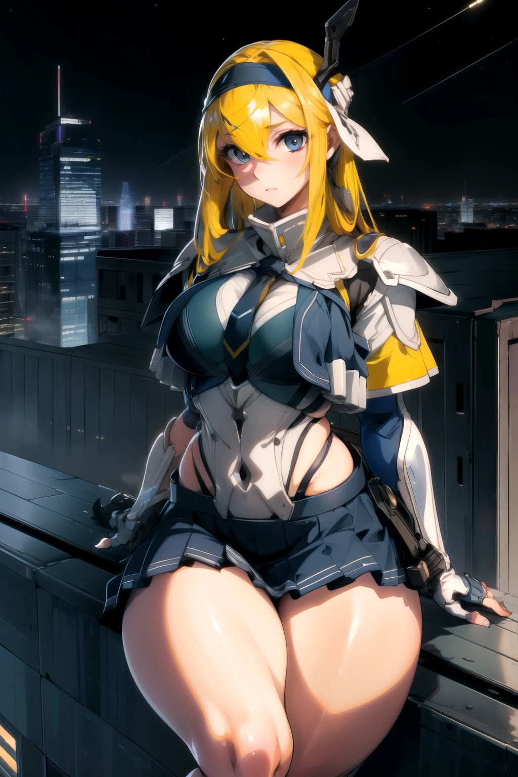 masterpiece,Highest quality,One girl,Mesa,headband,((school uniform)),armor,Expressionless,Large Breasts,Thick thighs,Wide Hips,night,Skyscraper rooftop,