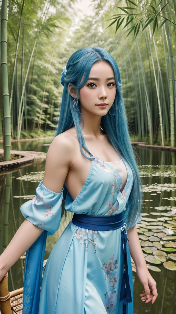 Masterpiece, Best Quality, Official Art, 8k Wallpaper, Very Detailed, Illustration, 1 Girl, Sky Blue Hair, Long Hair, Detailed Eyes, Forrest Gump, Bare Shoulders, Hanfu, Lake, Pure, Soft Smile, bamboo, tea