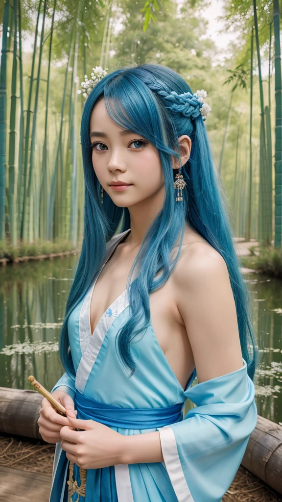 Masterpiece, best quality, official art, 8k wallpaper, very detailed, illustration, 1 boy, chinese style, ink, sky blue hair, long hair, detailed eyes, forrest fun, bare shoulders, hanfu, lake, pure, soft smile, bamboo, tea