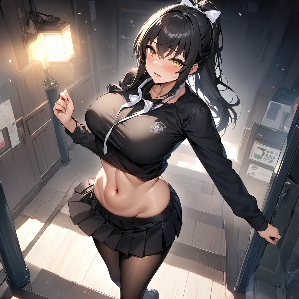 A woman wearing a black school t-shirt with long sleeves, a short black skirt, black tights, black women's shoes, exposed abdomen, large breasts, white bow around her neck, long black hair, ponytail hair, white bow in her hair, walking in a Japanese school room, yellow eyes, full body., a very detailed trail, lamp post, traffic light, (she was raped by bad boy util cum), HDR, ultra resolution, clear, masterpiece, 8K HD ( woman solo)
