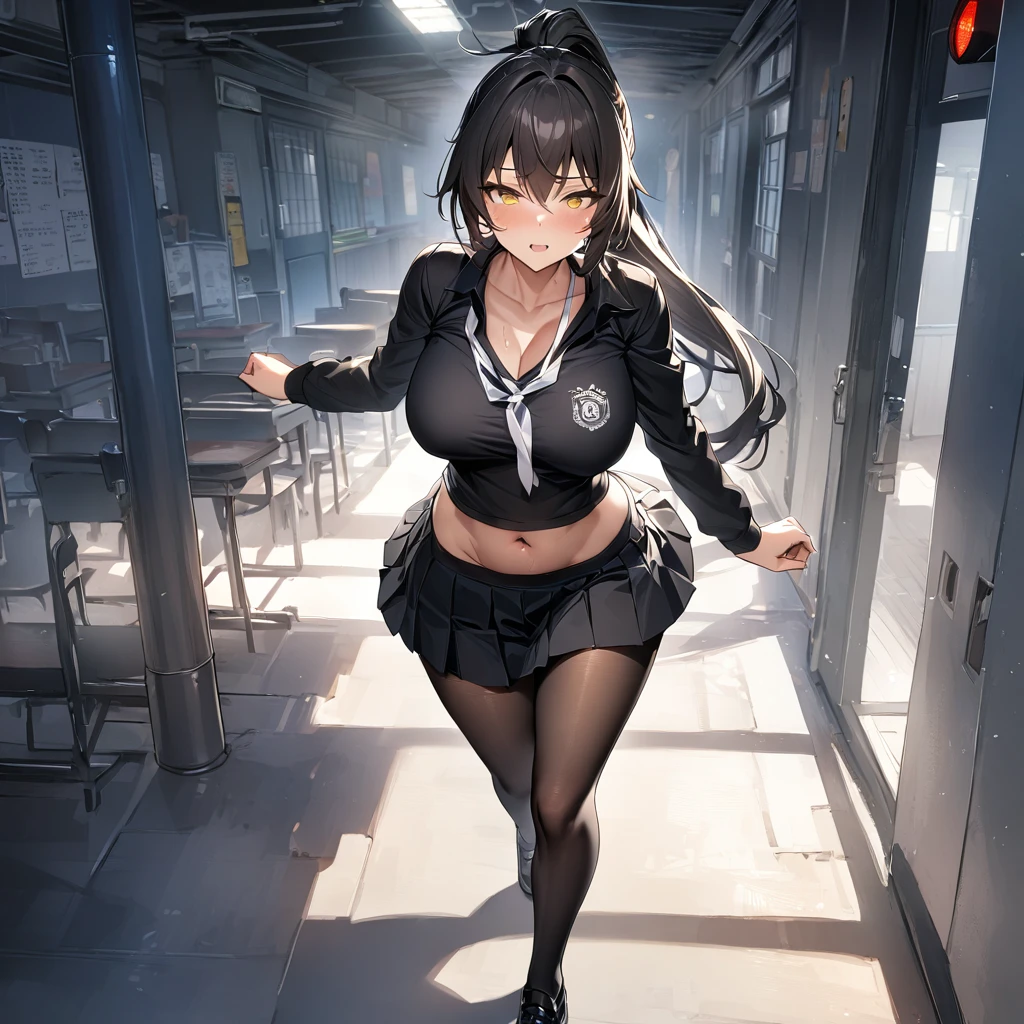 A woman wearing a black school t-shirt with long sleeves, a short black skirt, black tights, black women's shoes, exposed abdomen, large breasts, white bow around her neck, long black hair, ponytail hair, white bow in her hair, walking in a Japanese school room, yellow eyes, full body., a very detailed trail, lamp post, traffic light, (she was raped by bad boy util cum), HDR, ultra resolution, clear, masterpiece, 8K HD ( woman solo)
