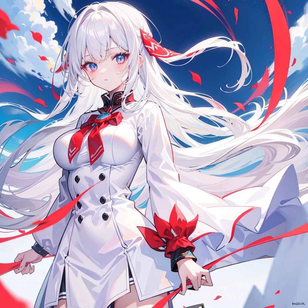 4K, Highest quality, Female student, White Hair, Medium length hair, Red colored eyes, Sky blue shirt, White Dress，Anime Big Tits,Don&#39;t show your hands