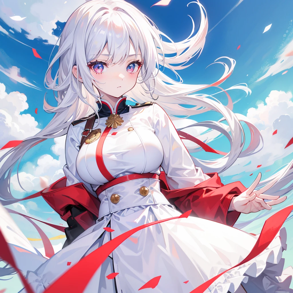 4K, Highest quality, Female student, White Hair, Medium length hair, Red colored eyes, Sky blue shirt, White Dress，Anime Big Tits,Don&#39;t show your hands