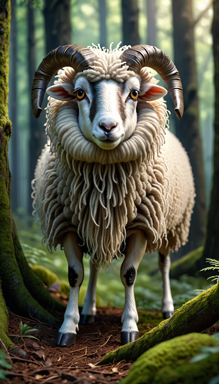 There is a sheep in the forest,Huge eyes on the body,Four ears,Nine long tails,Mysterious Creatures, shrike, (best quality,4K,8K,High level,masterpiece:1.2),Ultra Detailed,(lifelike,Photo real,Photo real:1.37),Highly detailed animals,Complex patterns,Dramatic lighting,Fantasy Creatures