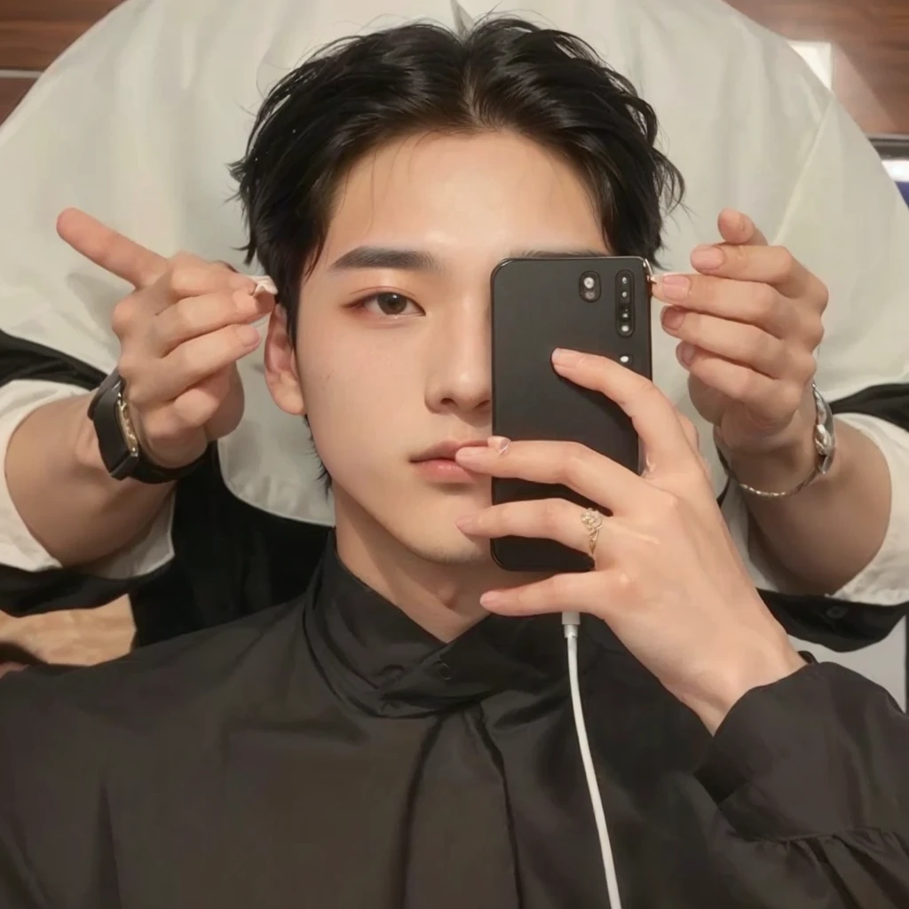there is a man that is getting his hair cut by a woman, Jinyoung Shin, hyung tae, with same hairstyle, Jungkook, taken at the beginning of 2020, Tae June Kim, glossy from rain, Kim Doyoung, sfw, with her long black hair, Hong Jun Hyung, Ulzzang spacious, young pale angel, curly haircut with middle part