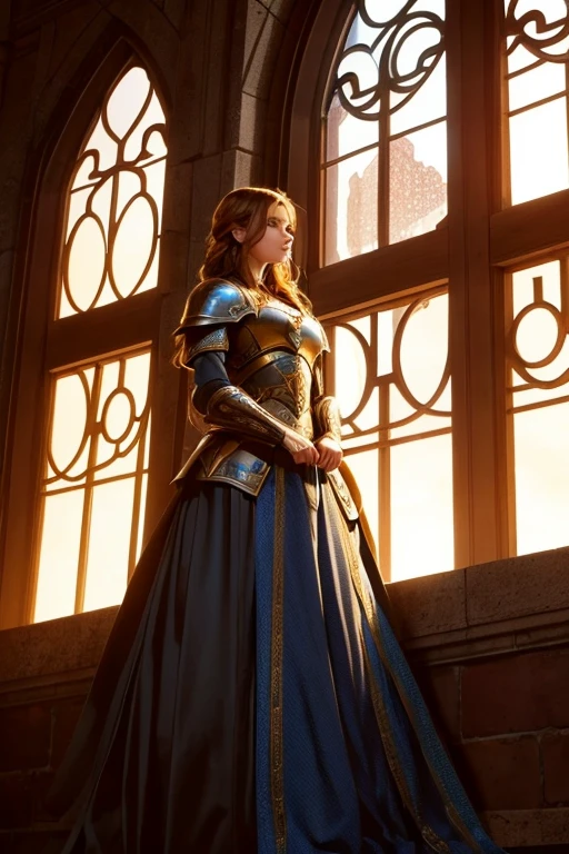 A beautiful woman stands on top of a tower in front of a window,her light brunette hair was blowing from the wind coming from the open window.,His red eyes glowed like flames dancing in a bonfire,she prepares to kiss the knight.
The man was tall,her hair was short and spiky,her hair was yellow with orange tones,he had blue eyes and was wearing armor with sun symbols.