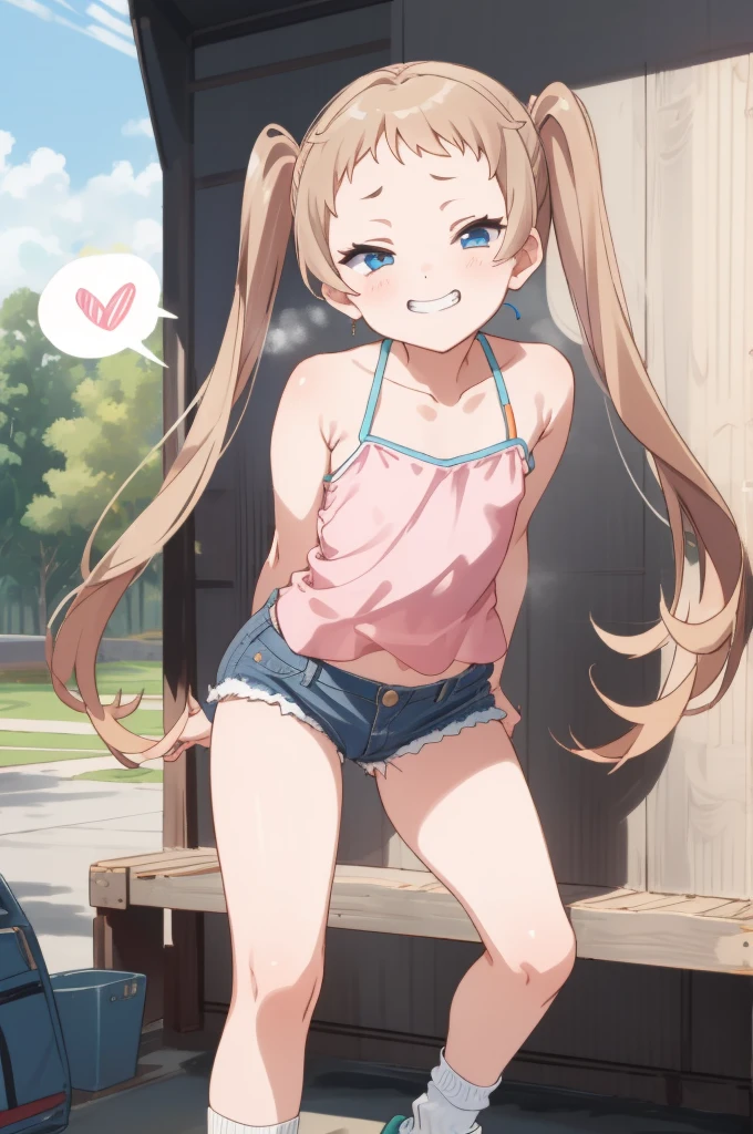 (masterpiece, best quality), intricate details,
 1girl,  sanae dekomori,  speech bubble,,,looking viewer,,spoken heart,6yo,(petite),flat chest,grin,outdoor,camisole,denim shorts,socks,(nsfw)