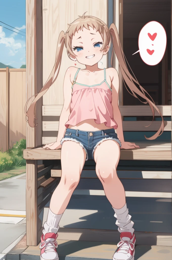 (masterpiece, best quality), intricate details,
 1girl,  sanae dekomori,  speech bubble,,,looking viewer,,spoken heart,6yo,(petite),flat chest,grin,outdoor,camisole,denim shorts,socks,(nsfw)