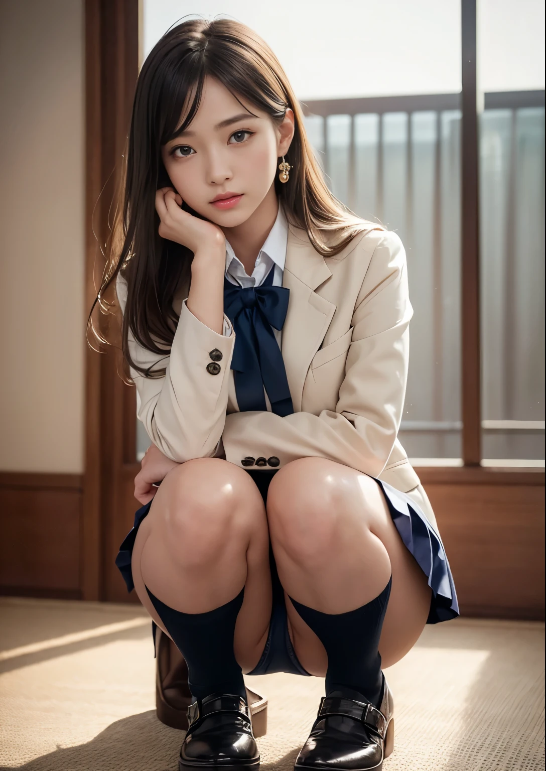 Dark blue high socks Magic Mix Real、(Raw photo:1.2)、(Photorealistic:1.4)、The beauty of beautiful details Delicate expression、Blonde、((Panties are visible))(Squatting panchira)Earrings Eyelashes Beautiful and fine details、Large file size、Ultra-detailed、High resolution、Transcendental beauty Highest quality、masterpiece、、(Japanese high school girls uniform))、Extremely detailed representation grow、In detail、Highly detailed facial cinematic lighting、23-year-old girl、Positive、((Dynamic Pose)))、(Sit with your knees bent))、Pleated skirt、blazer、Sexy upward glance