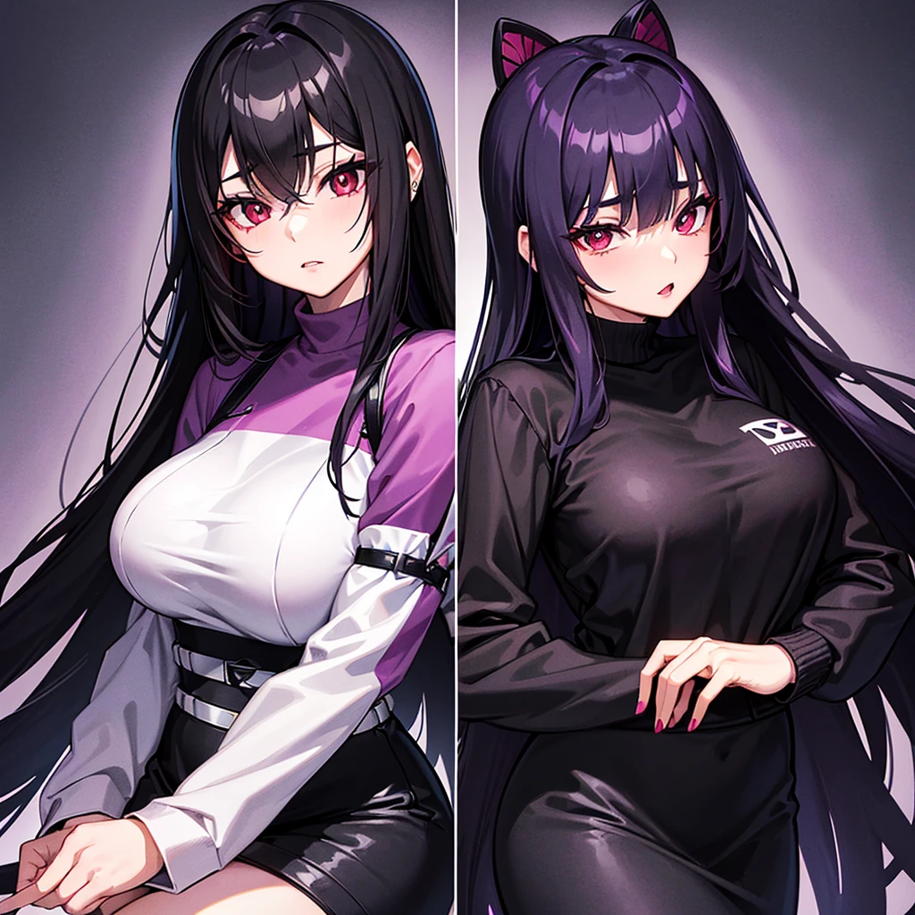 Appearance: Kyoko has long, flowing black hair with a purple tint, styled in a sleek and elegant manner. Her piercing red eyes are framed by thick lashes, she is often seen with dark, bold lipstick that highlights her full lips. Kyoko wear black and purple pullover that is always too big for Her and black short.
