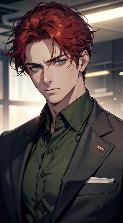 a mature man, 34 years old, handsome, cold expression, short red hair, green eyes, perfect face, buttoning his jacket, CEO, ultra detailed, hyperrealistic, studio lighting, cinematic lighting, 1:4 hdr, photorealistic, masterpiece, beautiful, sharp focus, ultra-fine details, vivid colors, professional