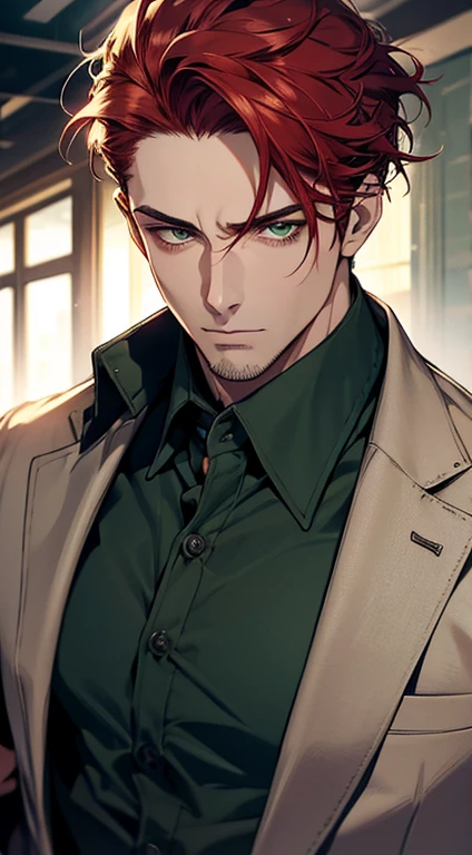 a mature man, 34 years old, handsome, cold expression, short red hair, green eyes, perfect face, buttoning his jacket, CEO, ultra detailed, hyperrealistic, studio lighting, cinematic lighting, 1:4 hdr, photorealistic, masterpiece, beautiful, sharp focus, ultra-fine details, vivid colors, professional