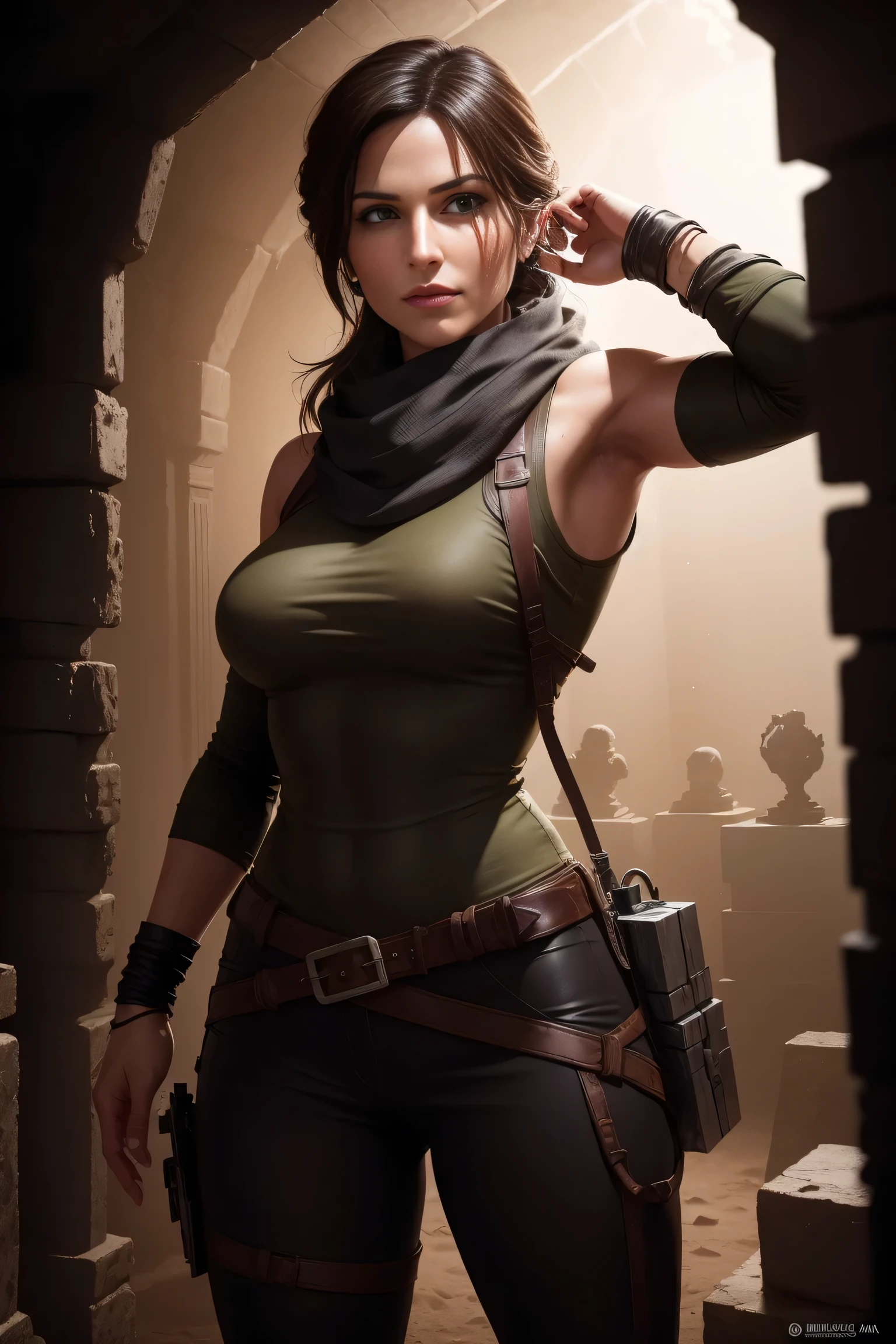 Lara Croft holding a metal hexagon cube with ancient drawings in her hands, standing in a Tomb, dark lighting, underground Tomb, perfect anatomy, beautiful face, perfect hands, broken statues in the background, wearing a dark coat and a scarf, DLSR, sharp focus, soft lighting, perfect face, ultra detailed face, perfect brown eyes, beautiful face
