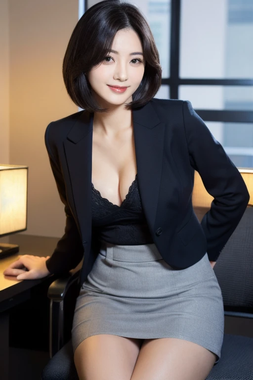 best image quality、Beautiful Japan woman in her 30s、outstanding style、huge tit:1.3, open your legs wide、mini skirt、thighs thighs、Shiseido、professional lighting、professional photographer、Focus on the eyes、In a dark office、standing、I can see your pants、smile、Wearing a business suit、shortcut、bob、slightly thicker body、Japanese,(Detailed aspect)、Genuine、Photographed in natural light、Highly detailed face and skin texture、Highly detailed lips、The correct state of the human body、bob Hair、Black Hair、Various poses、Natural color lip