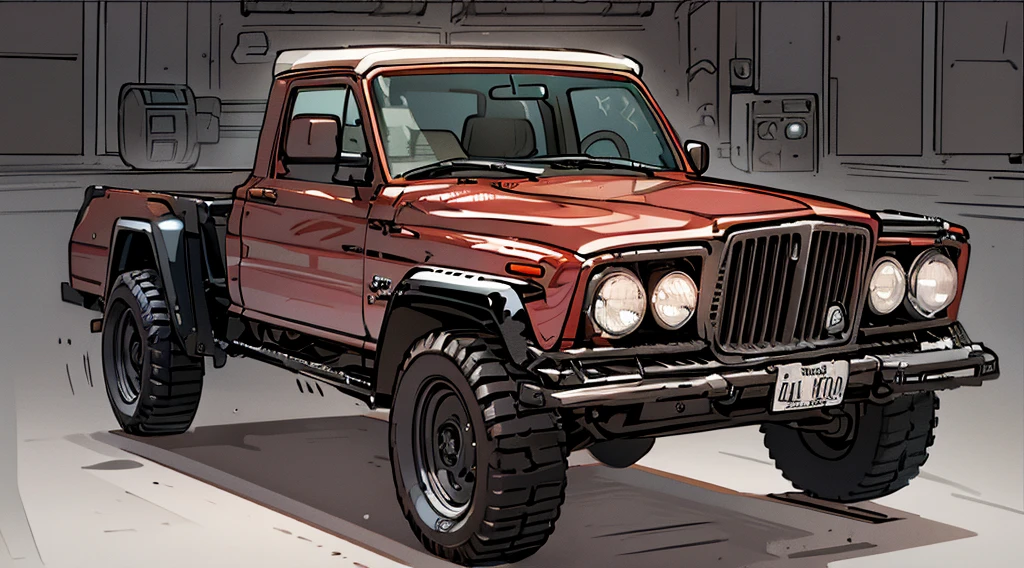 ((Best Quality)), ((masterpiece)), Highly detailed, 8K, red 6x6 heavy pickup truck 1970 Jeep Gladiator, red dirty matte paint, square headlights, boxy angles, boxy 80s design, square headlights, (peterbilt influence:0.7), bright showroom, plain mesa background, cel-shaded, line art, bold black outlines, comic style, inkpunk, bright photoshoot lighting, ((isometric symmetry:1.2))