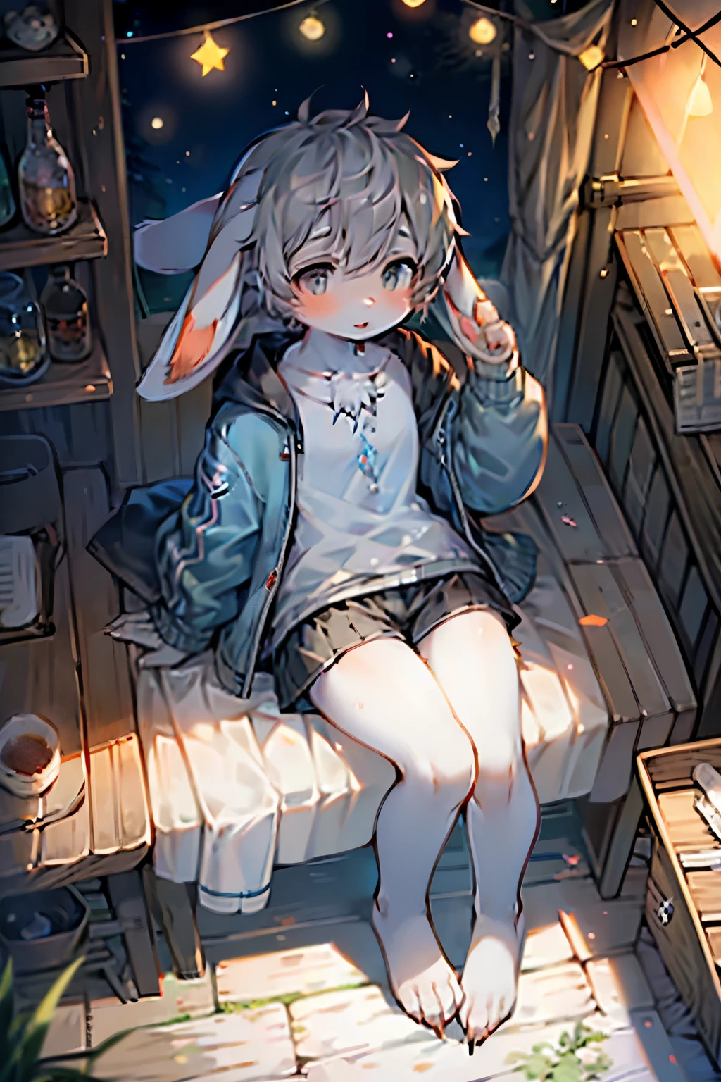 Arctic rabbit girl，Rabbit with long ears，Furry women，Characteristics of -year-girlsay hair，Short stature，Summer short sleeves with jacket，Short skirt，