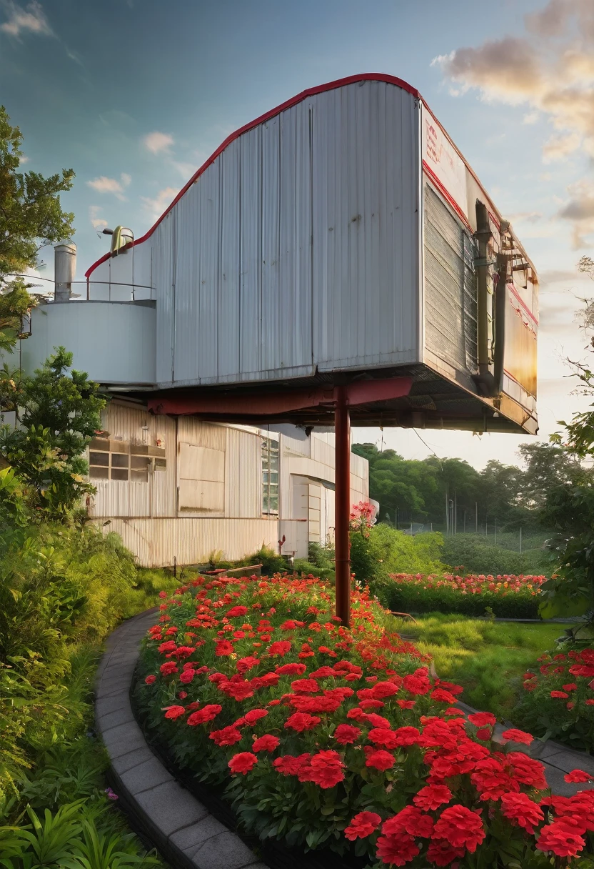 A high-quality photograph of a secluded  small production facility located within a lush, green forest. The forest is filled with a vibrant array of red and white flowers, creating a striking contrast against the green foliage. The flowers are divided into two sections by a winding pathway, which leads directly to the facility. Surrounding the small building is a wire fence with a clear "No Trespassing" sign, adding an air of exclusivity. Various trucks and transport vehicles are parked nearby, hinting at the facility's industrial purpose. The setting sun casts a warm, golden glow across the scene, while the cinematic lighting enhances the ultra-realistic atmosphere.