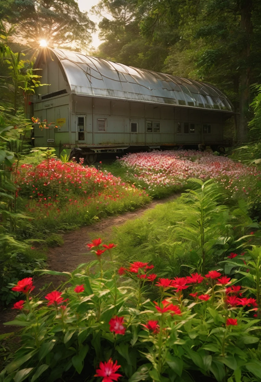 A high-quality photograph of a secluded small production facility located within a lush, green forest. The forest is filled with a vibrant array of red and white flowers, creating a striking contrast against the green foliage. The flowers are divided into two sections by a winding pathway, which leads directly to the facility. Surrounding the small building is a wire fence with a clear "No Trespassing" sign, adding an air of exclusivity. Various trucks and transport vehicles are parked nearby, hinting at the facility's industrial purpose. The setting sun casts a warm, golden glow across the scene, while the cinematic lighting enhances the ultra-realistic atmosphere.