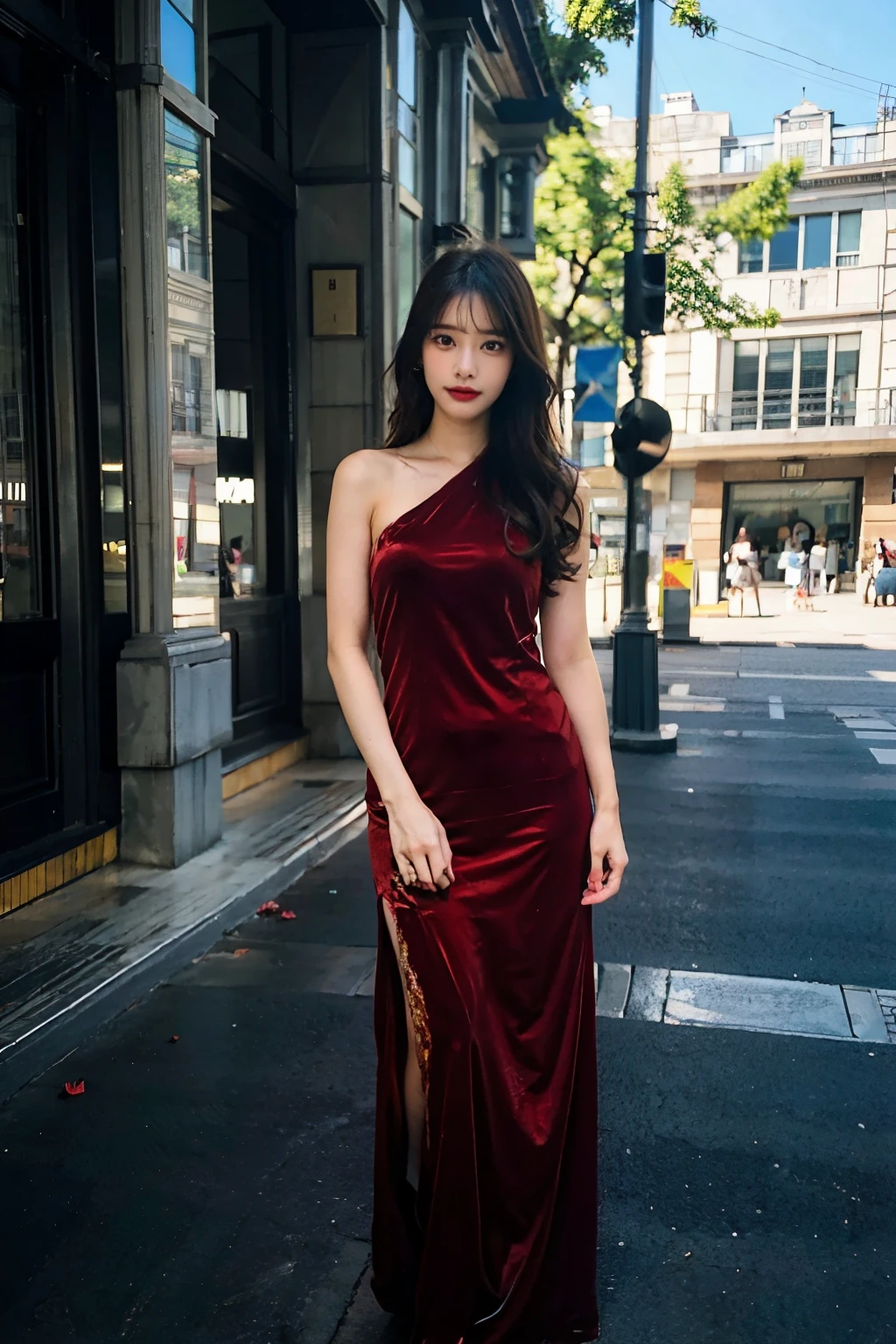 1 woman, alone, raw photo, model shooting style, Photo of young beautiful bright Indonesian woman with dark brown long hair with soft curls and warm skin, concentrated, Wear a red medium dress, full body shot, long shot, soft face makeup, Looking at the camera, looking at viewer, standing in front of the building, best quality, masterpiece, uhd, realistic
