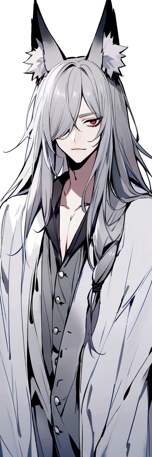 male、Fox、Animal ears、Gray Hair、Long Hair、One knot、One-eyed、and