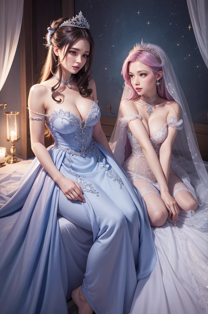 Arapefi, (2 girls,(One of them wore a pink princess dress,1.5,),(The other wears a blue princess dress,1.5)), Look up at the camera, wearing high heels,Wear a crown,choker necklace,ssmile,Close up from above,next to a window, In the castle, Sense of transparency,(oversized boobs,1.5),Expose cleavage,Turn around and look at the camera,tmasterpiece,Flawless,Sense of transparency,Empty inspiration,More details and decoration,Exposing thighs,8K,(Wear decorations such as rings,1.9),White-colored skin,Ornate ornament,White waist stockings,(Dissection is correct,PremiumQuality, high detal, Masterpiece)