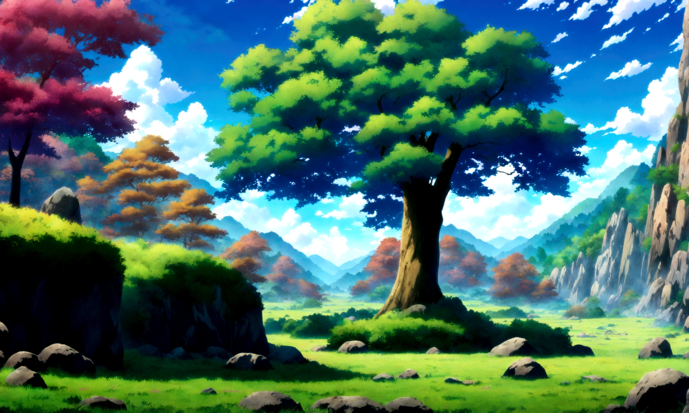 
anime - style painting of a tree in a grassy field with rocks, anime countryside landscape, anime landscape, anime landscape wallpaper, anime background art, beautiful anime scenery, anime background, anime beautiful peace scene, anime scenery, anime movie background, anime nature, anime scenery concept art, colorful anime movie background, beautiful anime scene, anime scene, beautiful landscape background