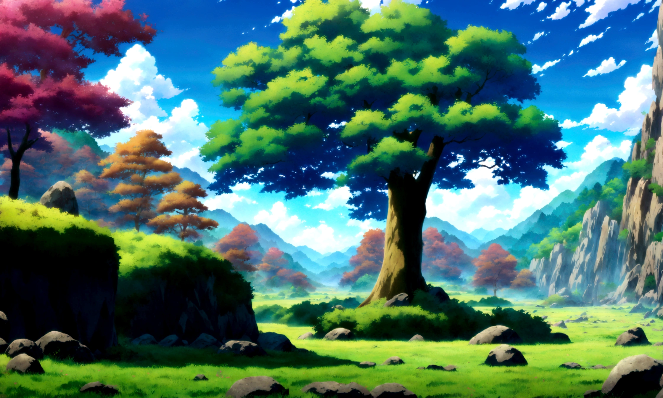 anime - style painting of a tree in a grassy field with rocks, anime countryside landscape, anime landscape, anime landscape wallpaper, anime background art, beautiful anime scenery, anime background, anime beautiful peace scene, anime scenery, anime movie background, anime nature, anime scenery concept art, colorful anime movie background, beautiful anime scene, anime scene, beautiful landscape background