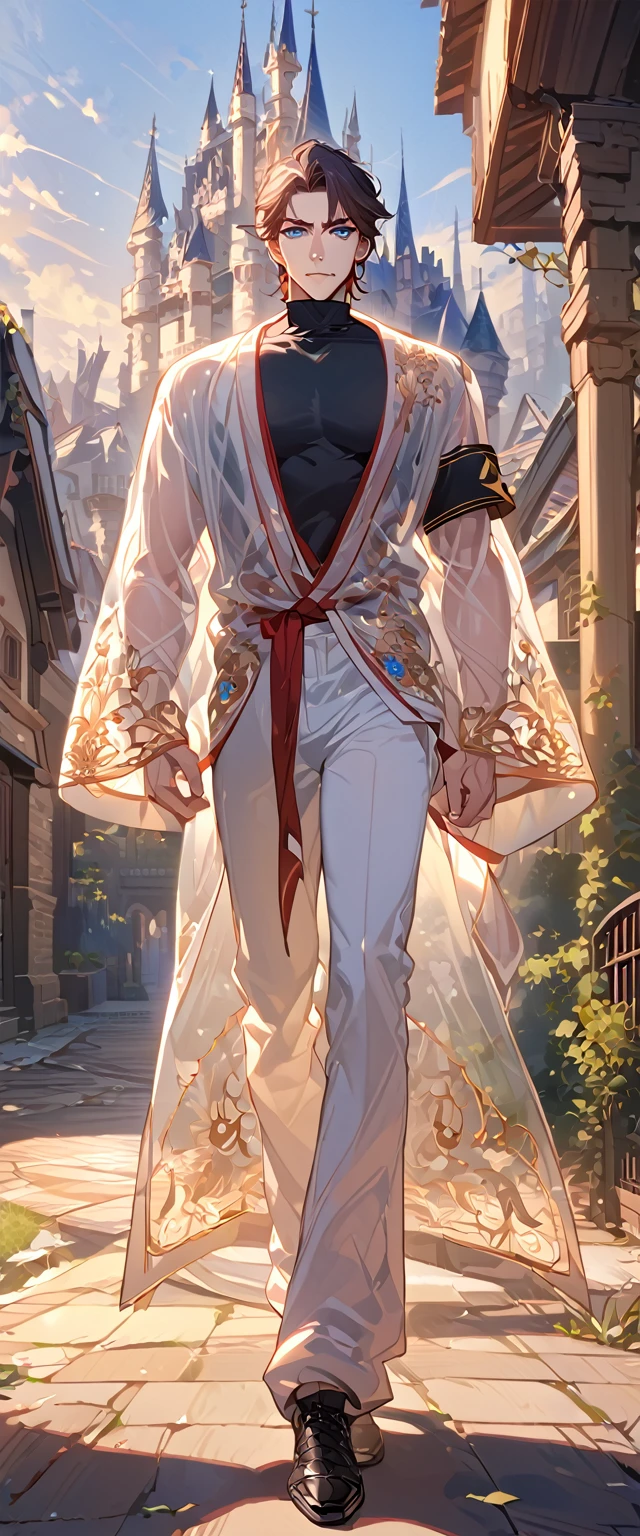masterpiece, best quality, 8k ,4k ,solo, male, short dark blue reddish hair, black sleeveless turtle neck shirt, transparent robe hanging by the shoulder, transparent embroidery robes, white jogger pants, Walking, Manly pose, muscle arms, Armband, bangs, blue reddish eyes, pale skin, sharp look, Sharp eyes, Morning walk, Castle Hall Background, high quality, extremely detailed, finely detailed eyes and detailed face, slender body, inspired by Asukaziye artist : ask, art style : ask