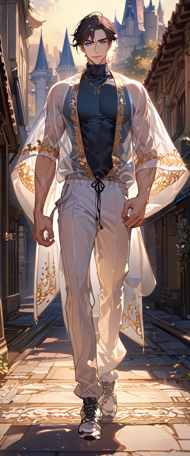 masterpiece, best quality, 8k ,4k ,solo, male, short dark blue reddish hair, black sleeveless turtle neck shirt, transparent robe hanging by the shoulder, transparent embroidery robes, white jogger pants, Walking, Manly pose, muscle arms, Armband, bangs, blue reddish eyes, pale skin, sharp look, Sharp eyes, Morning walk, Castle Hall Background, high quality, extremely detailed, finely detailed eyes and detailed face, slender body, inspired by Asukaziye artist : ask, art style : ask