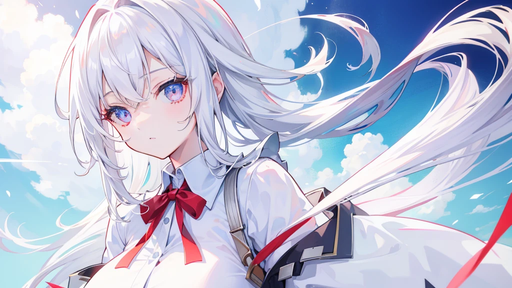 4K, Highest quality, Female student, White Hair, Medium length hair, Red colored eyes, Sky blue shirt, White Dress，Anime Big Tits,Don&#39;t show your hands