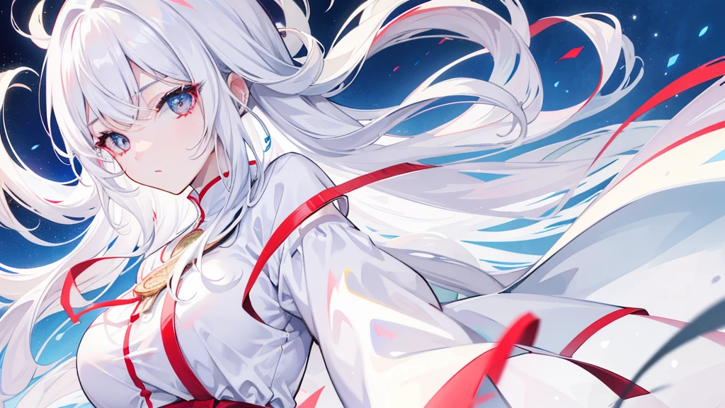 4K, Highest quality, Female student, White Hair, Medium length hair, Red colored eyes, Sky blue shirt, White Dress，Anime Big Tits,Don&#39;t show your hands