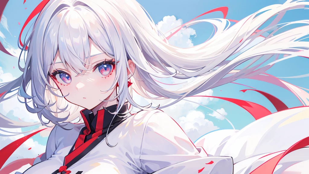 4K, Highest quality, Female student, White Hair, Medium length hair, Red colored eyes, Sky blue shirt, White Dress，Anime Big Tits,Don&#39;t show your hands