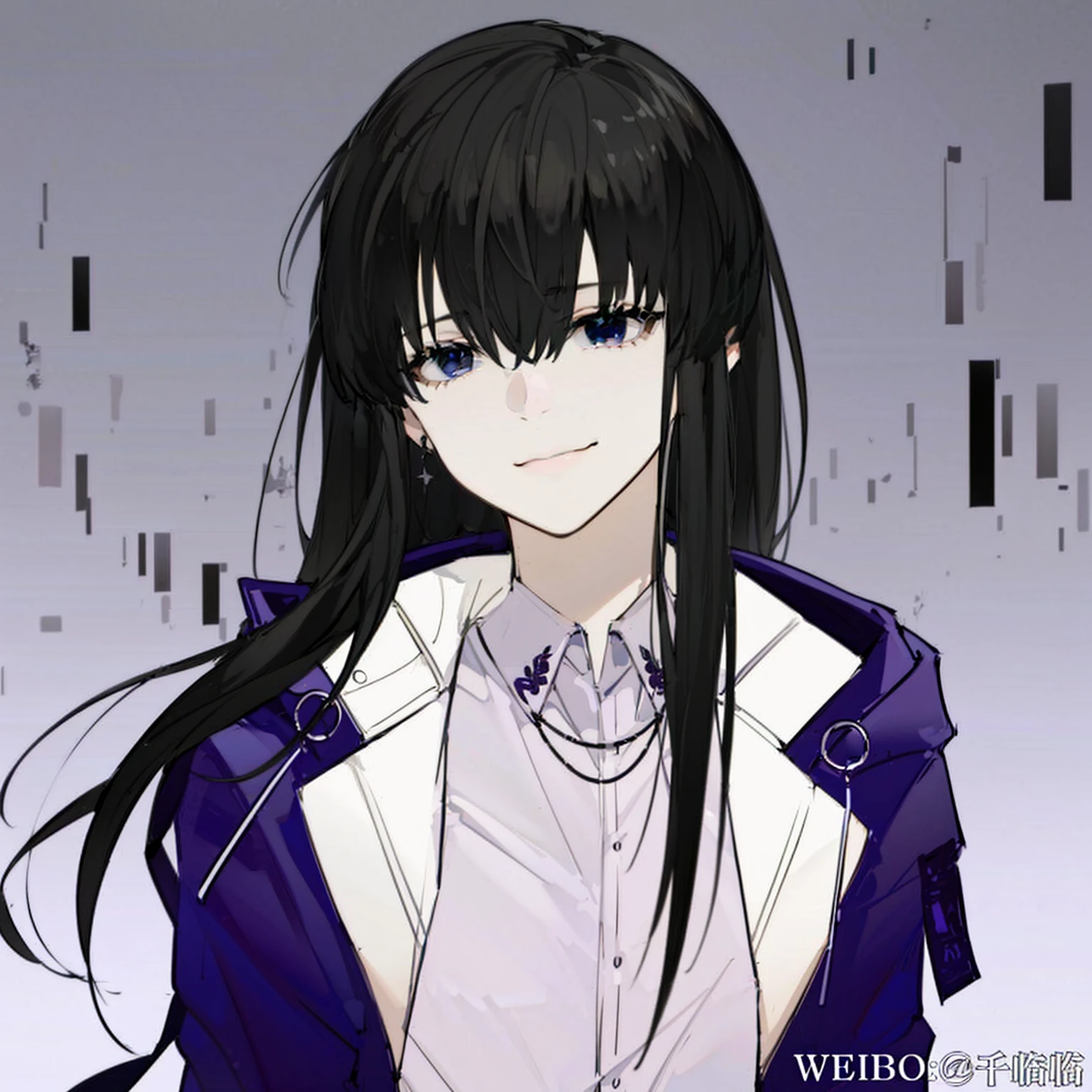 Male youth，Mysterious smile，long hair，Dark purple coat