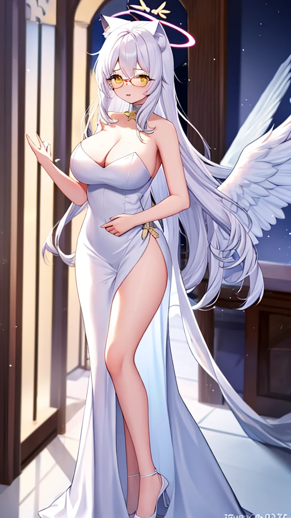 An 18 year old female angel with long, white hair, yellow eyes, white cat ears, and large white angel wings. yellow halo ring round white glasses (White evening dress, sexy long skirt) hand touching lips, standing