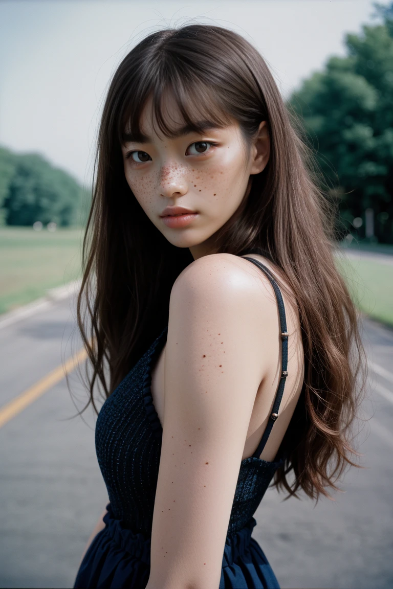 Stunning brunette woman with freckles, Portra 400 film photo, analog inspiration