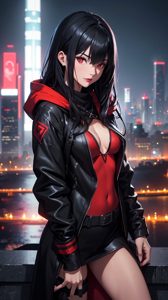 最high resolution,high resolution,Legendary Assassin, Beautiful Teenage Woman,Small breasts,black hooded coat , Fearless smile, Red lips, Black Hair, Red eyes, realism, Night city view from the top of a skyscraper,Neon Town,Digital Painting, Concept Art, Smooth, Sharp focus, Three-part method, Style Psycho,Detailed Eyes,assassin&#39;s creed