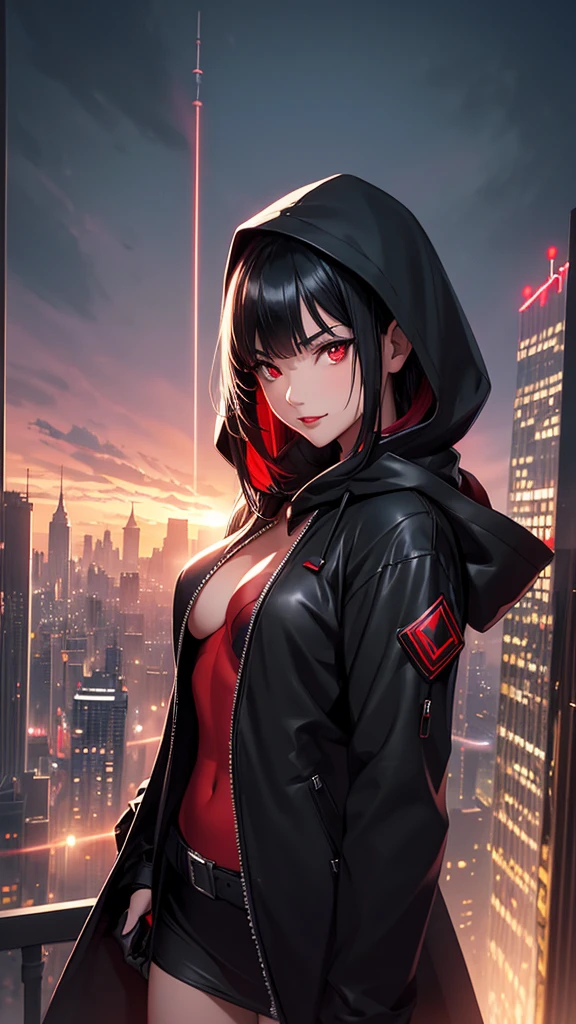 最high resolution,high resolution,Legendary Assassin, Beautiful Teenage Woman,Small breasts,black hooded coat , Fearless smile, Red lips, Black Hair, Red eyes, realism, Night city view from the top of a skyscraper,Neon Town,Digital Painting, Concept Art, Smooth, Sharp focus, Three-part method, Style Psycho,Detailed Eyes,assassin&#39;s creed