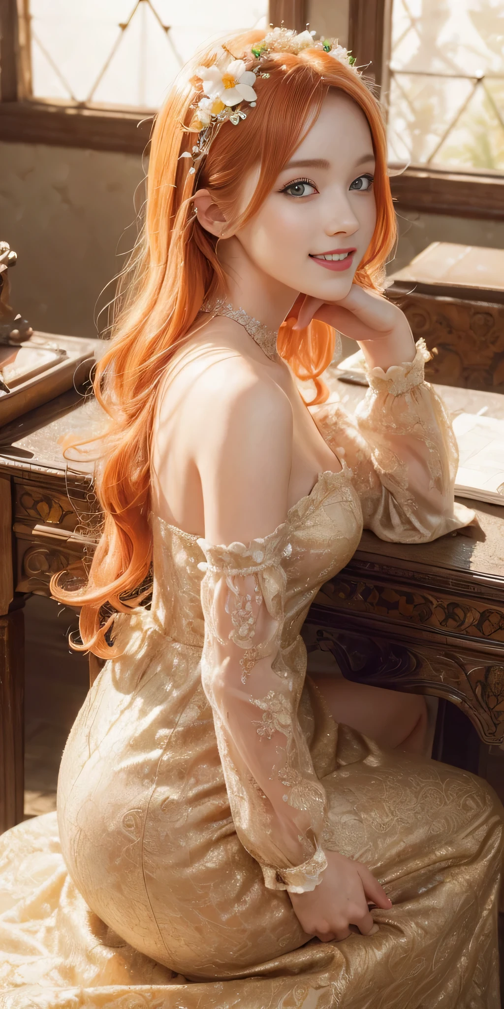 (masterpiece:1.4), (best quality:1.4), fantasy, extremely detailed, intricate, hyper detailed, illustration,soft lighting, 1girl, Orange hair_flower, dress, bend_over , grin, (perfect_face), sitting, desk, ornate, intricate, dramatic lighting, 4k, detailed_background, caustics, full_body, digital_illustration, from_side 