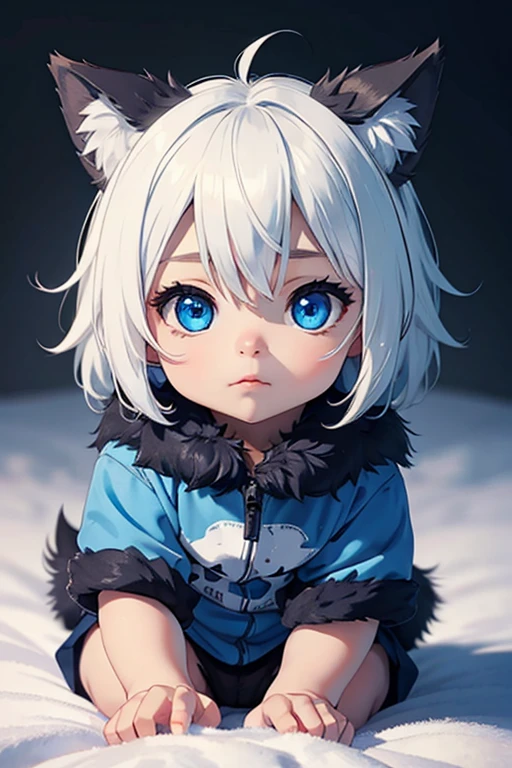 A baby wolf with fur and blue eyes,